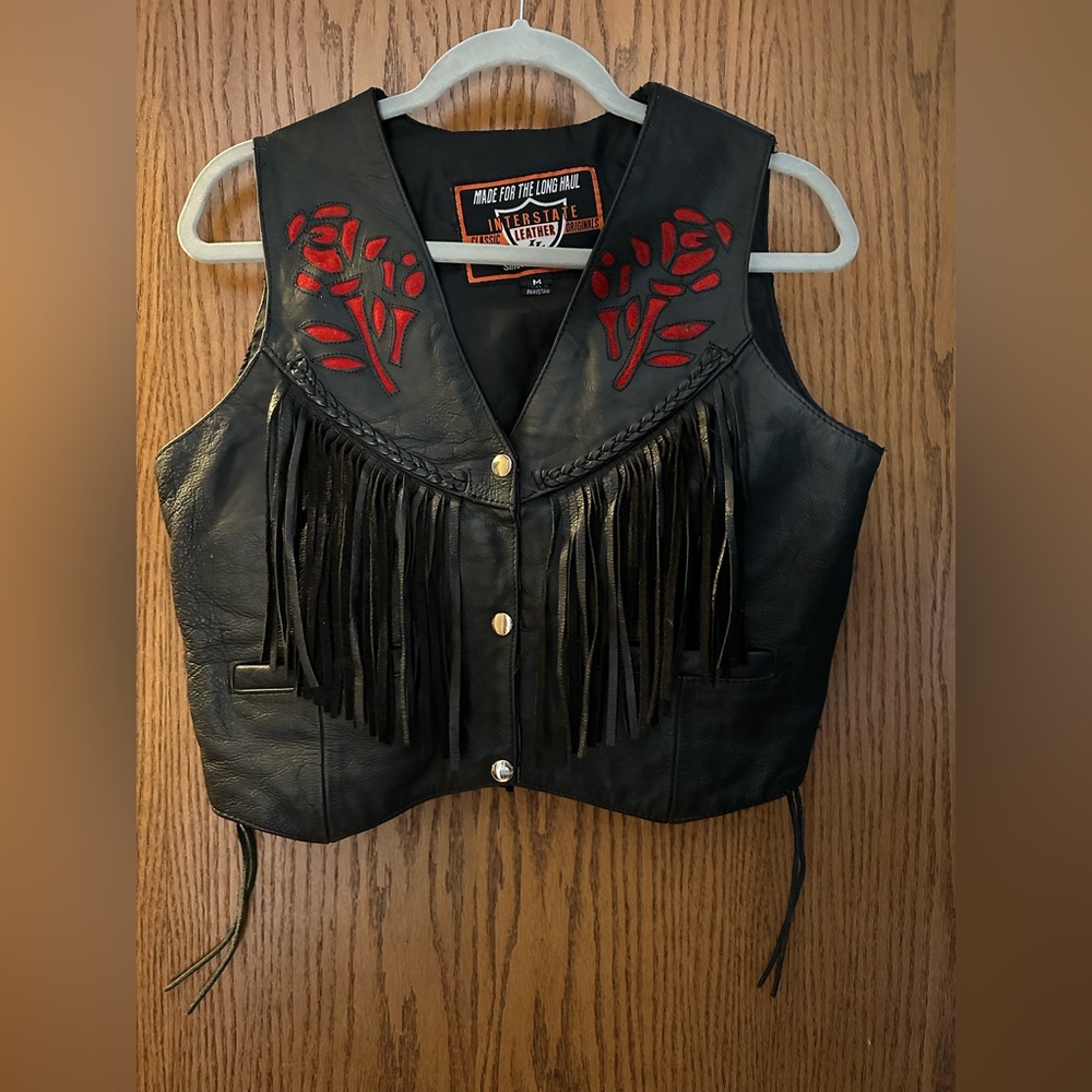 Interstate leather rose cut out fringe motorcycle lace-up corset vest size M